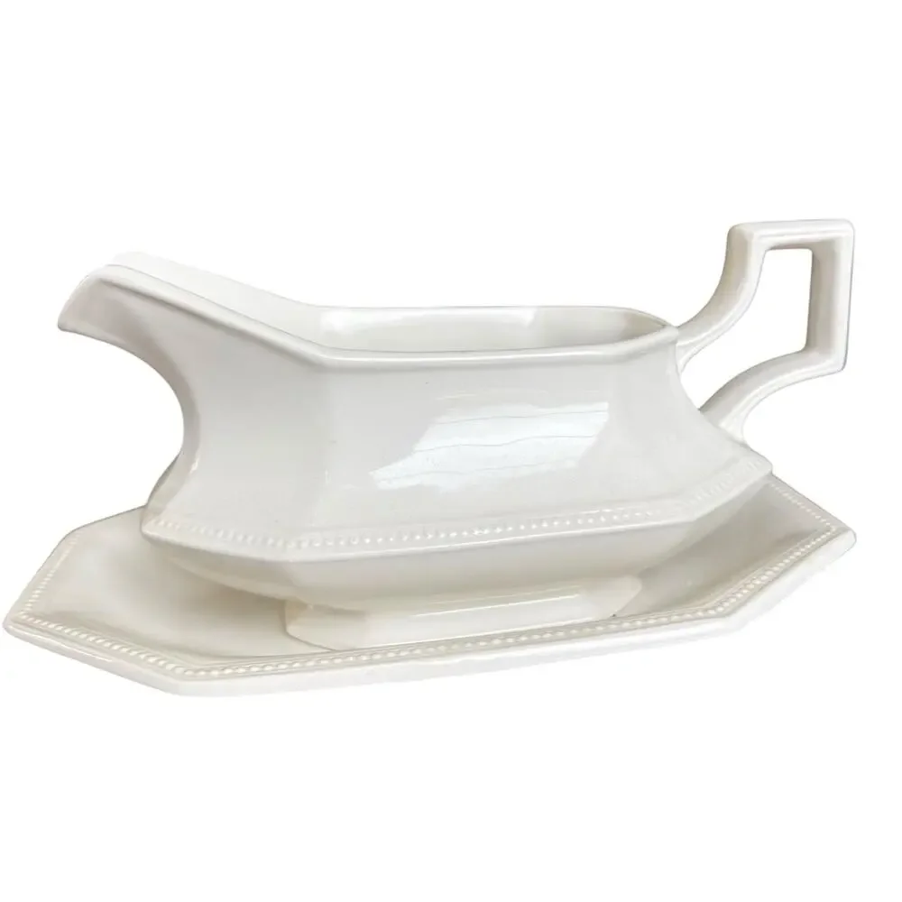 Johnson Bros Ironstone Gravy Boat w Underplate England White Farmhouse Cottage